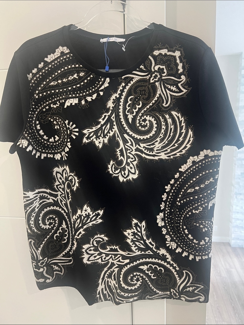 Zara Black and White Paisley Short Sleeve Tee